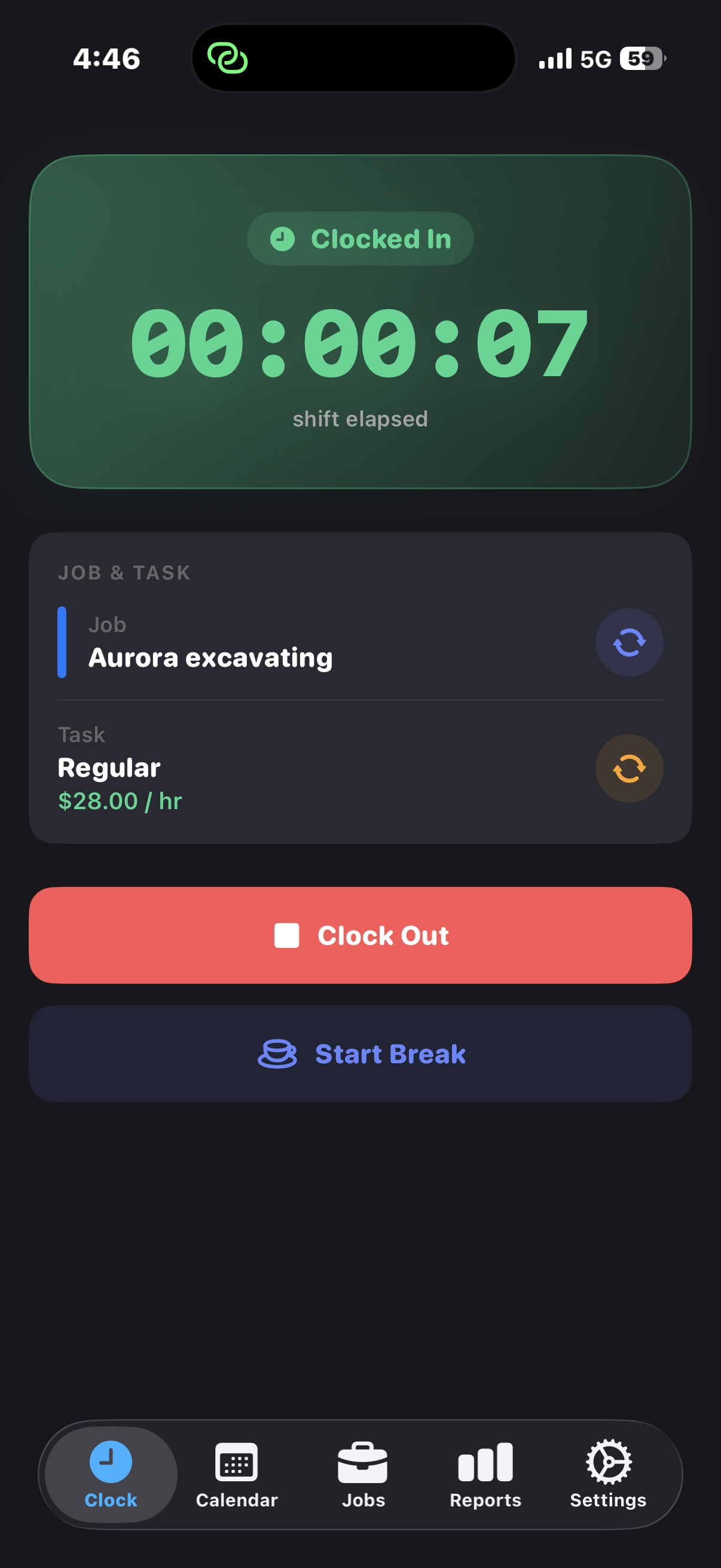 TimeClockPro clock tab showing active shift timer and clock out controls