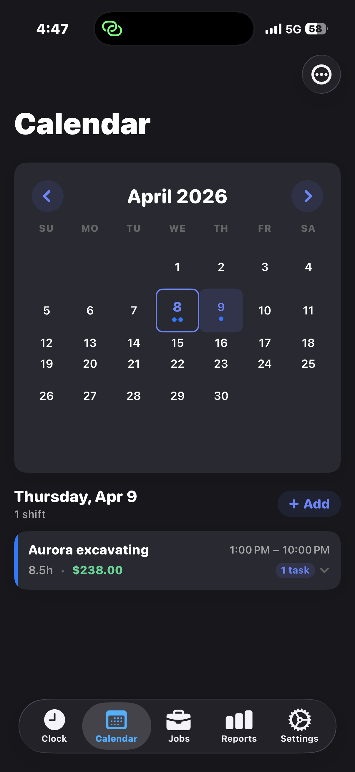 TimeClockPro calendar tab showing shift history by day