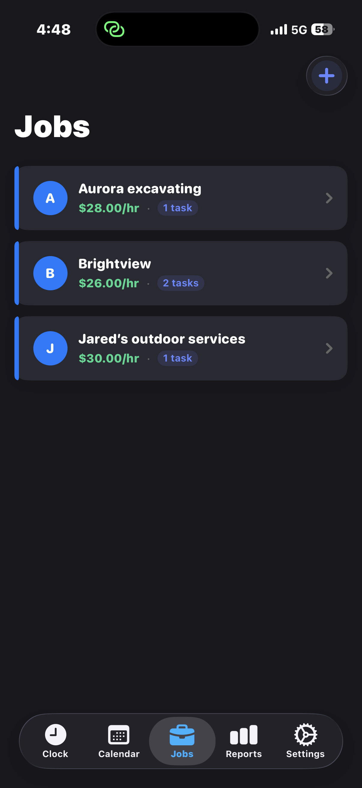 TimeClockPro jobs tab showing list of jobs with pay rates