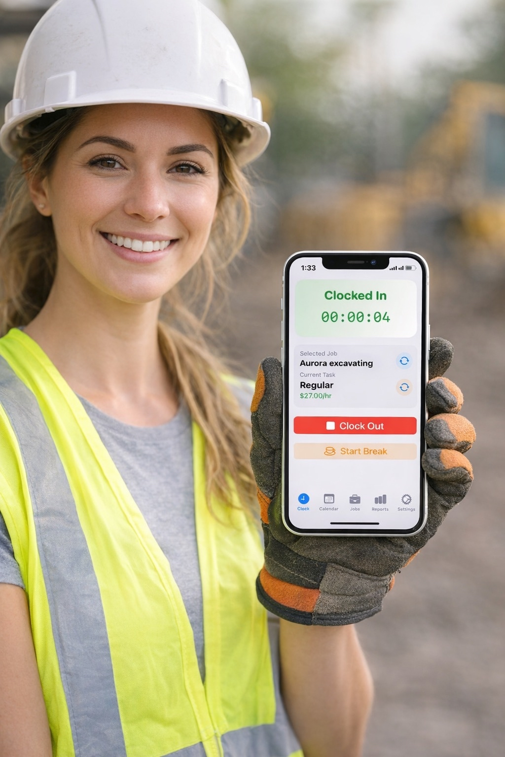 Construction worker using TimeClockPro app showing Aurora excavating job clocked in at $27/hr